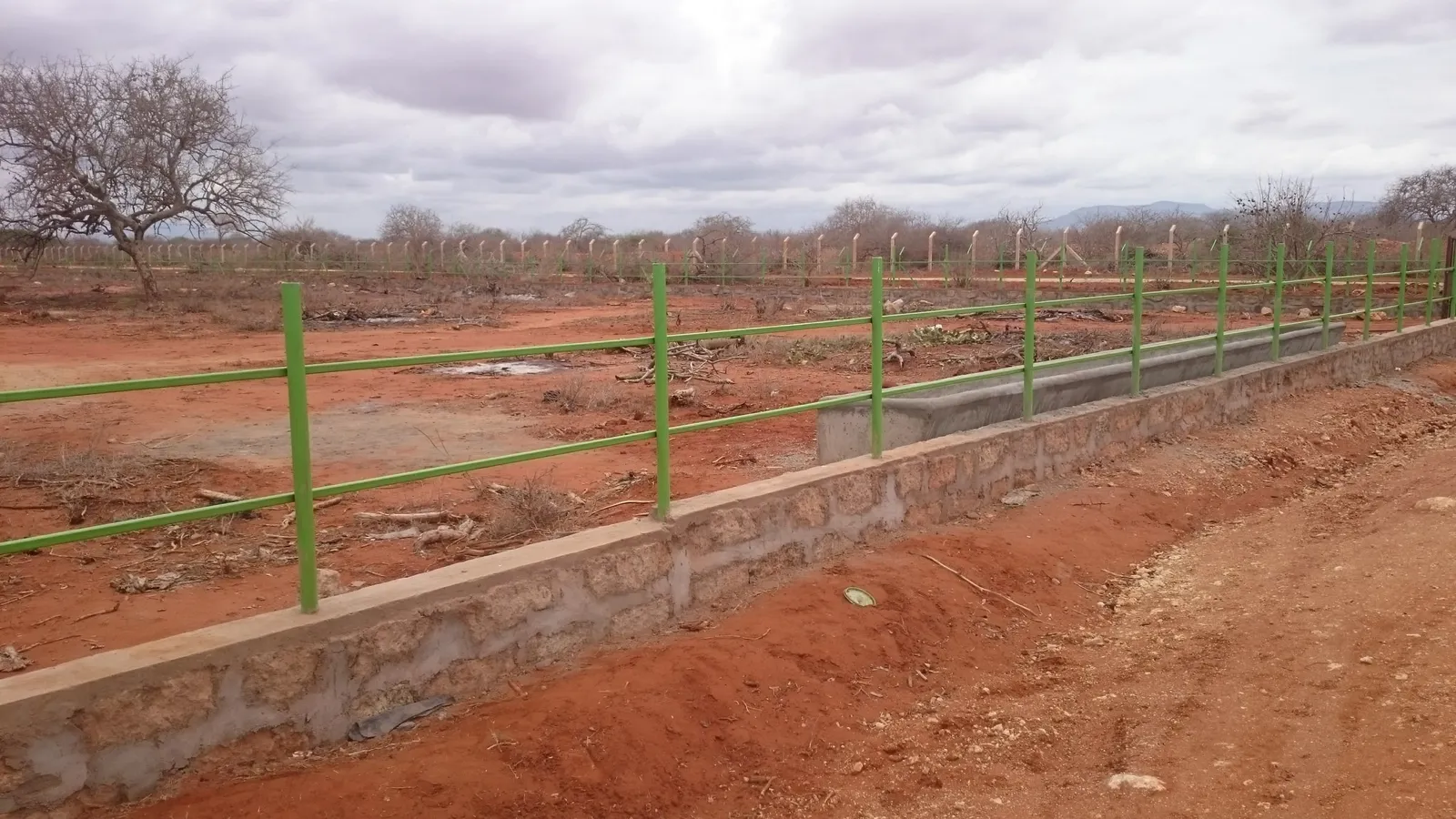 A cattle pen with a feed trough under construction on red earth at Bachuma