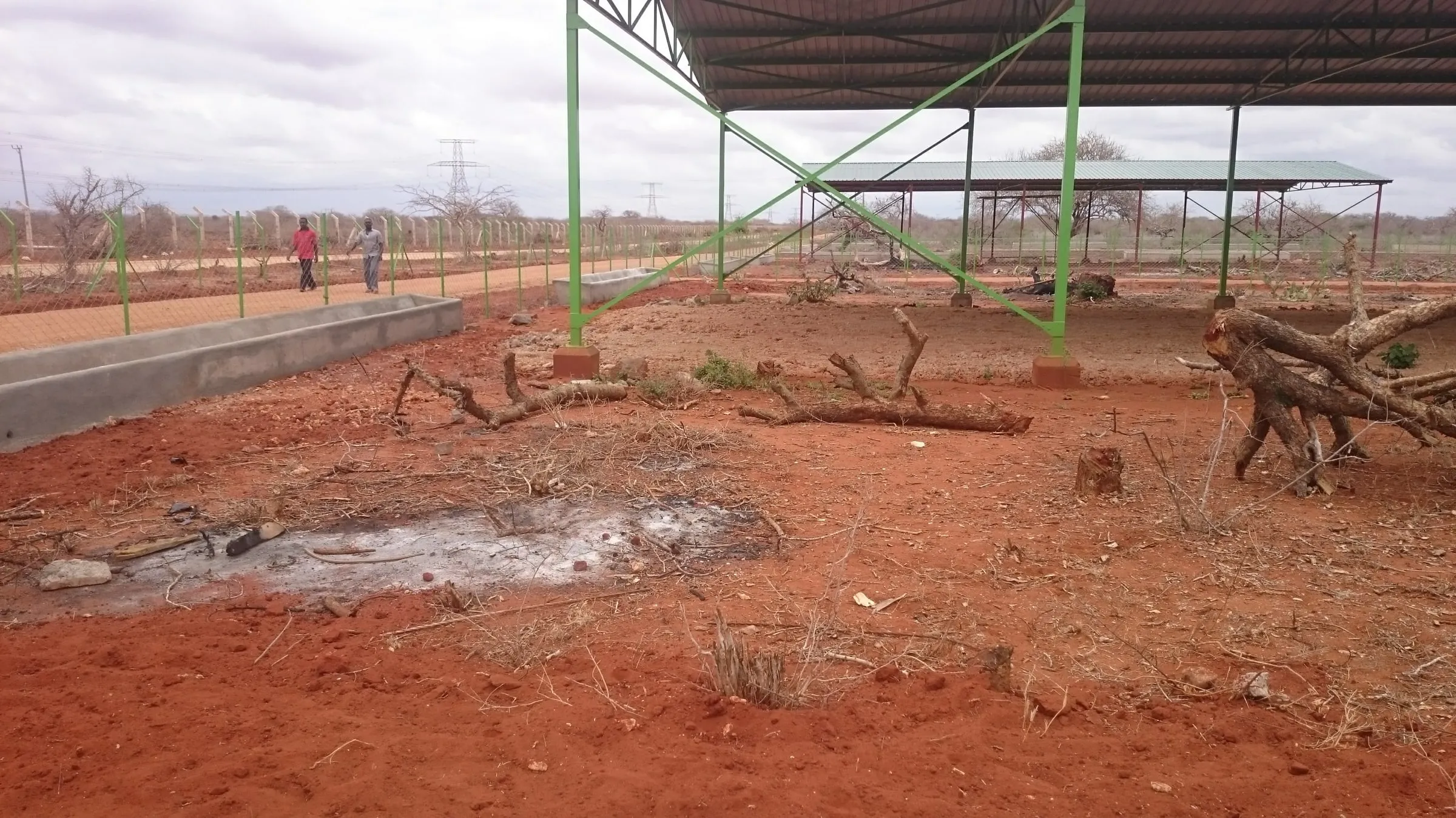 A goat and sheep pen with shade roofing under construction
