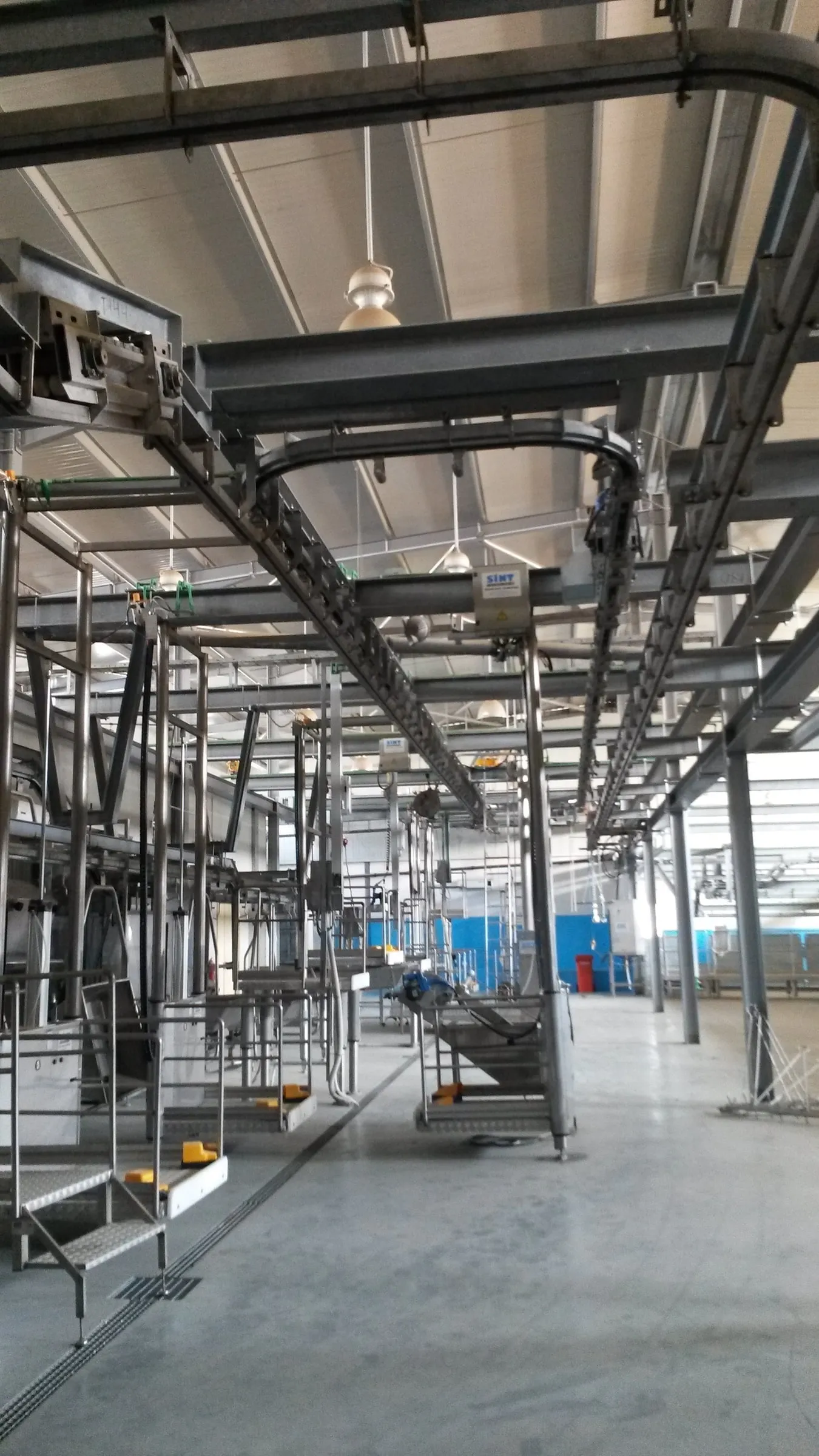 The stainless-steel processing hall of a modern slaughterhouse