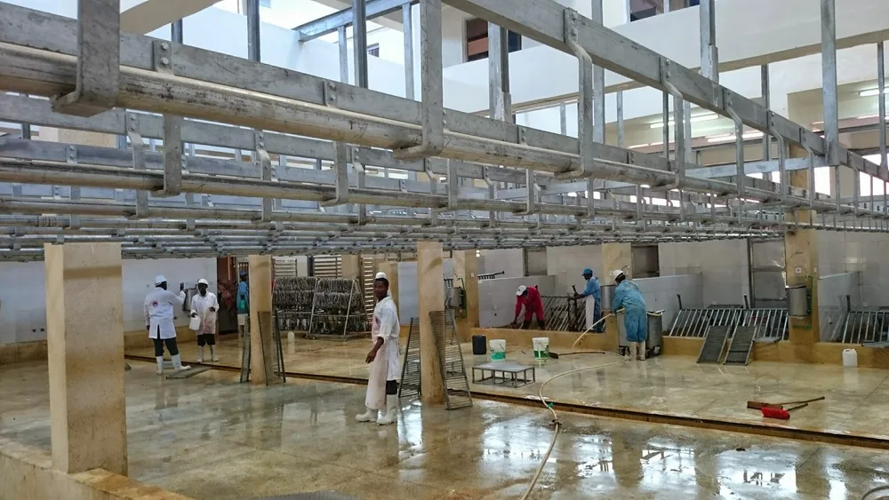 Carcasses on the processing line inside Nema Slaughterhouse, Nairobi