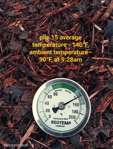 A compost thermometer in a BioSoil pile reading 140°F